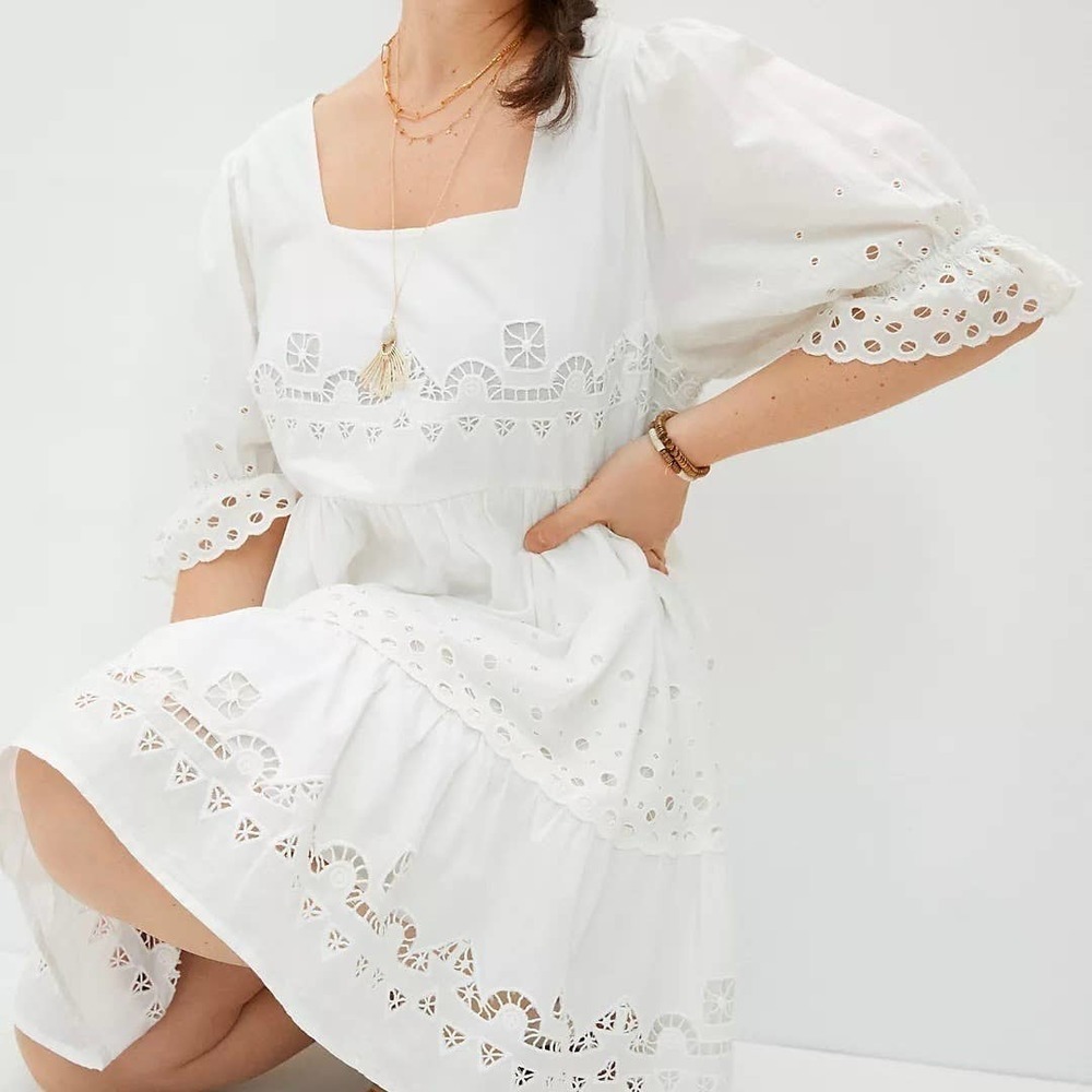 Anthro Audrina Forever That Girl White Eyelet Swing Dress Size Petite Large PL